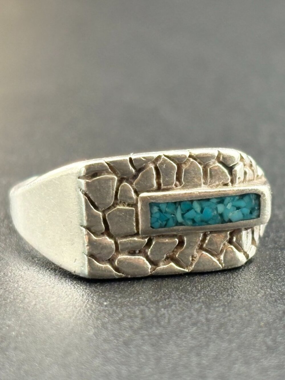 Vintage Rare Navajo Ted Ott Signed Sterling Silver Turquoise Inlay Ring Sz. 9.5
